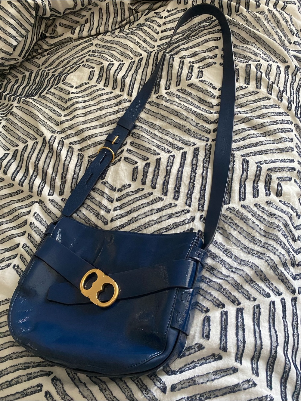 Navy Leather Crossbody Bag with Gold Accent